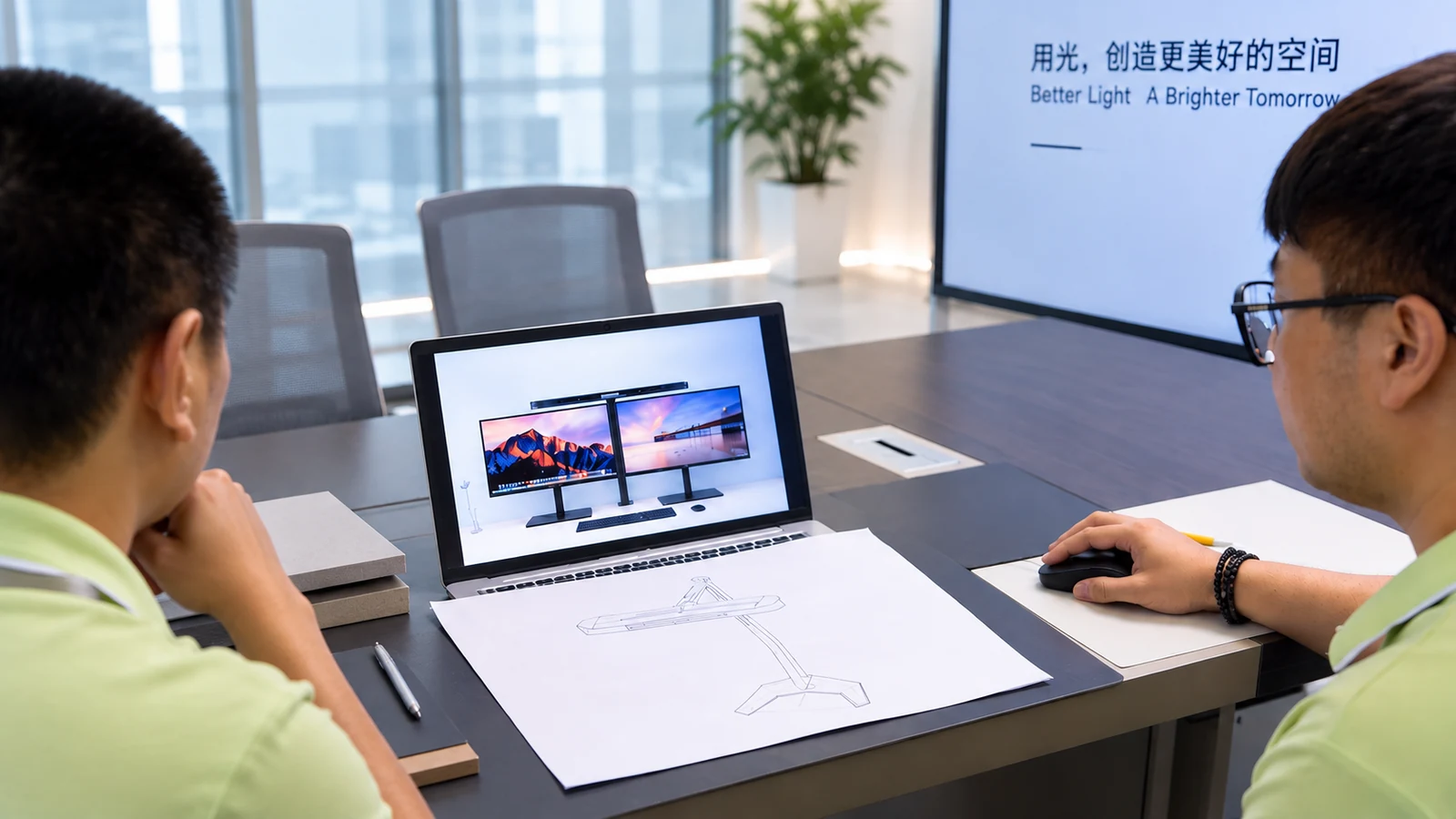 BILLLED team reviewing a lighting proposal and product drawing