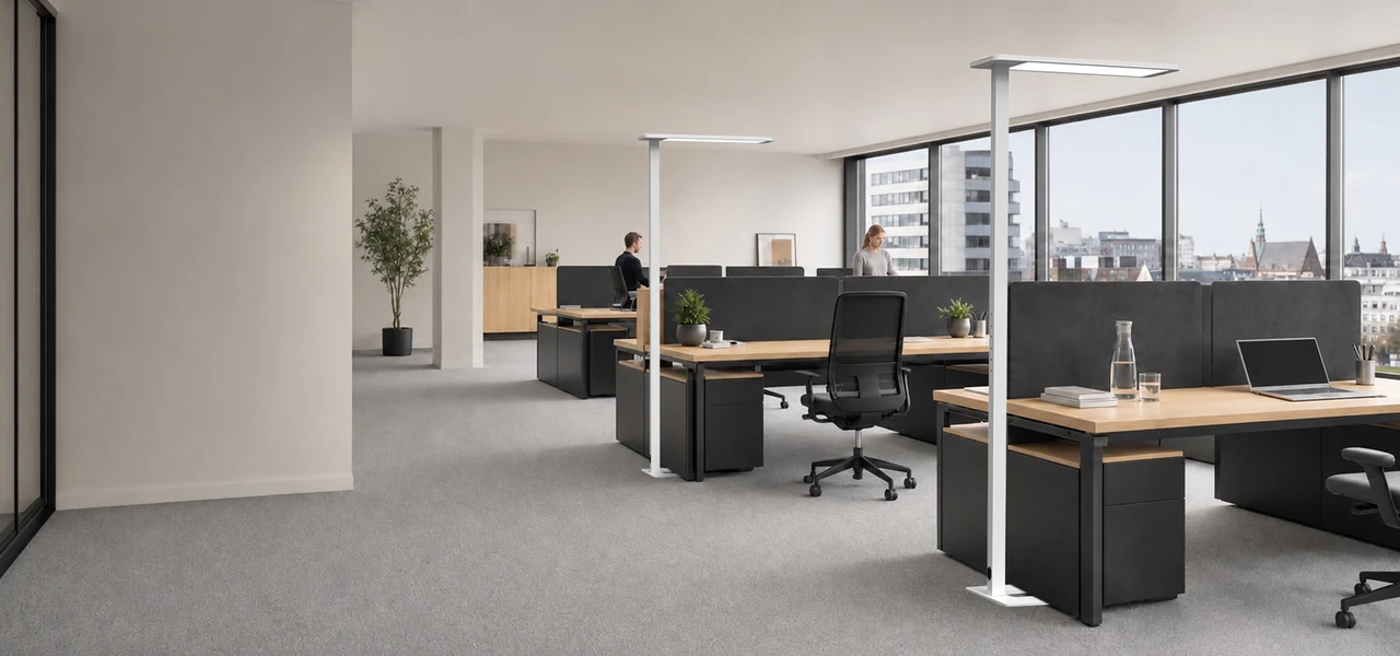 White office floor lamps beside shared desks in daylight