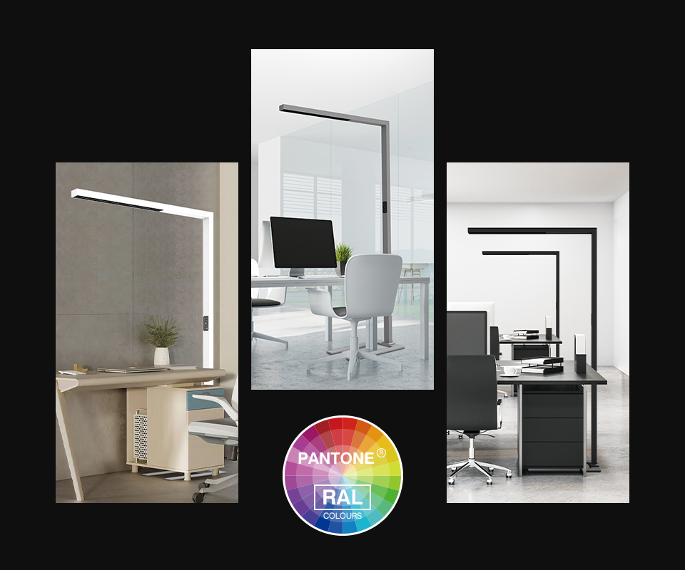 Black, white and silver floor luminaires with colour reference samples