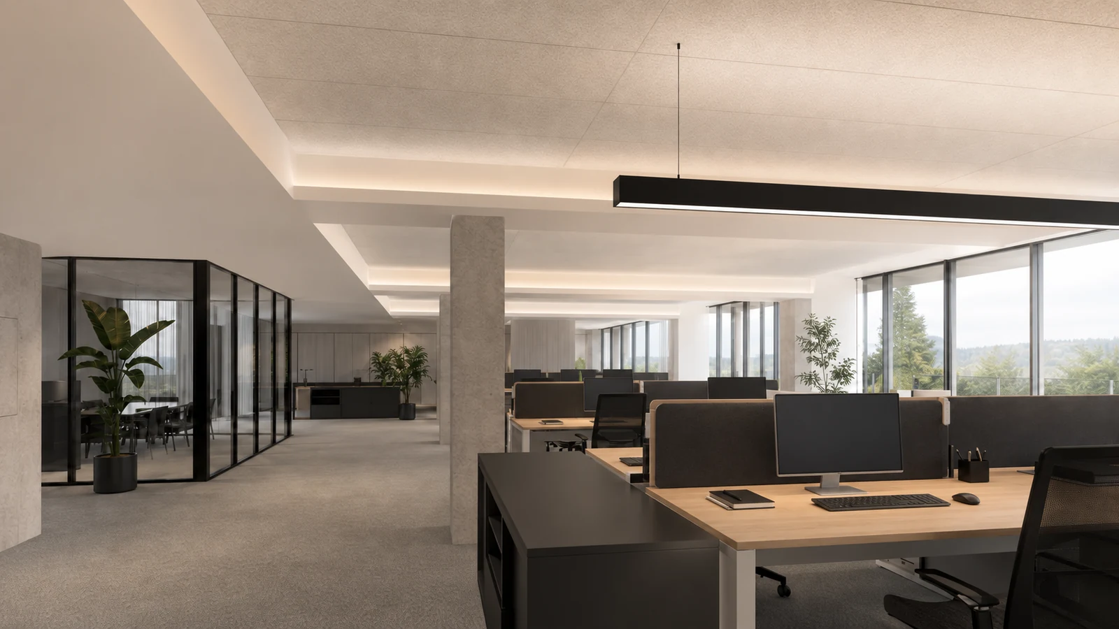 Architektonischer Büroraum mit professioneller direkter und indirekter Beleuchtung
