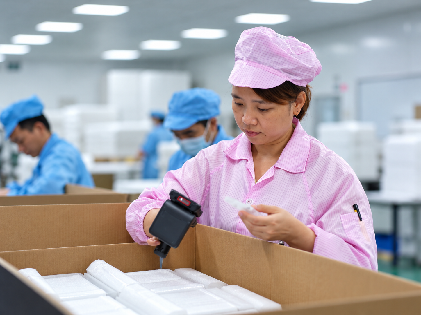 Büroleuchten bei der Kontrolle vor Verpackung und Versand