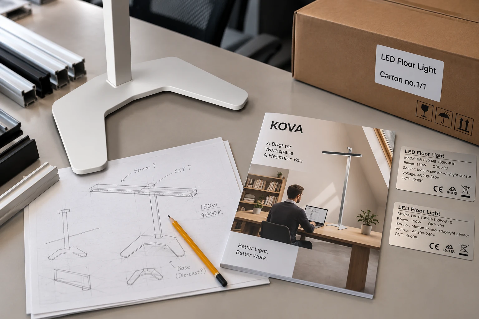 Bürostehleuchte mit Private-Label-Broschüre, Produktetiketten und Verpackung