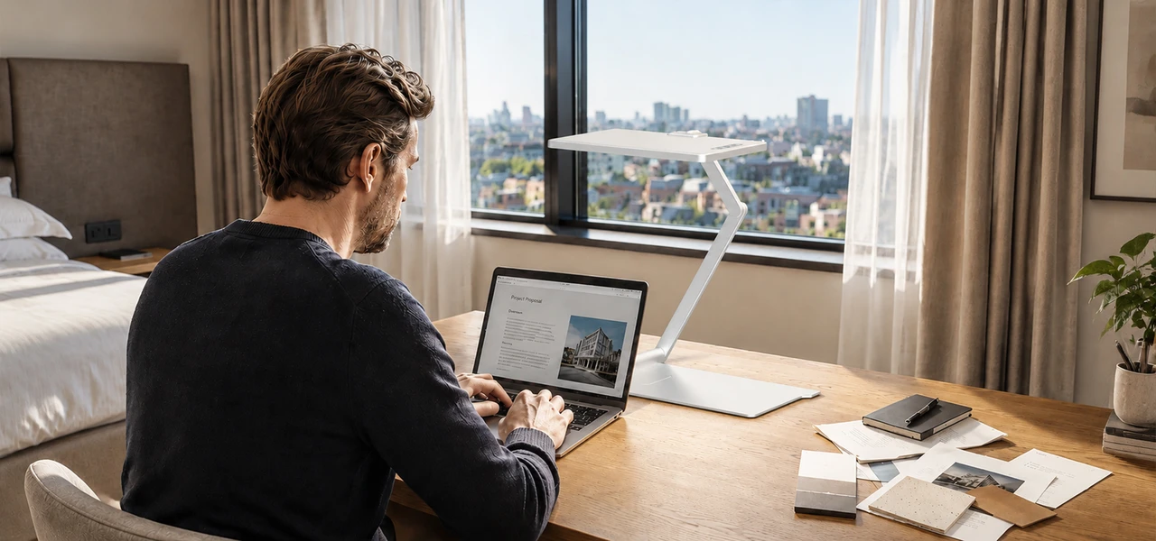 Verstellbare weiße Schreibtischleuchte neben einem Laptop